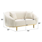 Ivory Loveseat with 2 Pillows and Metal Legs - Velvet Upholstery