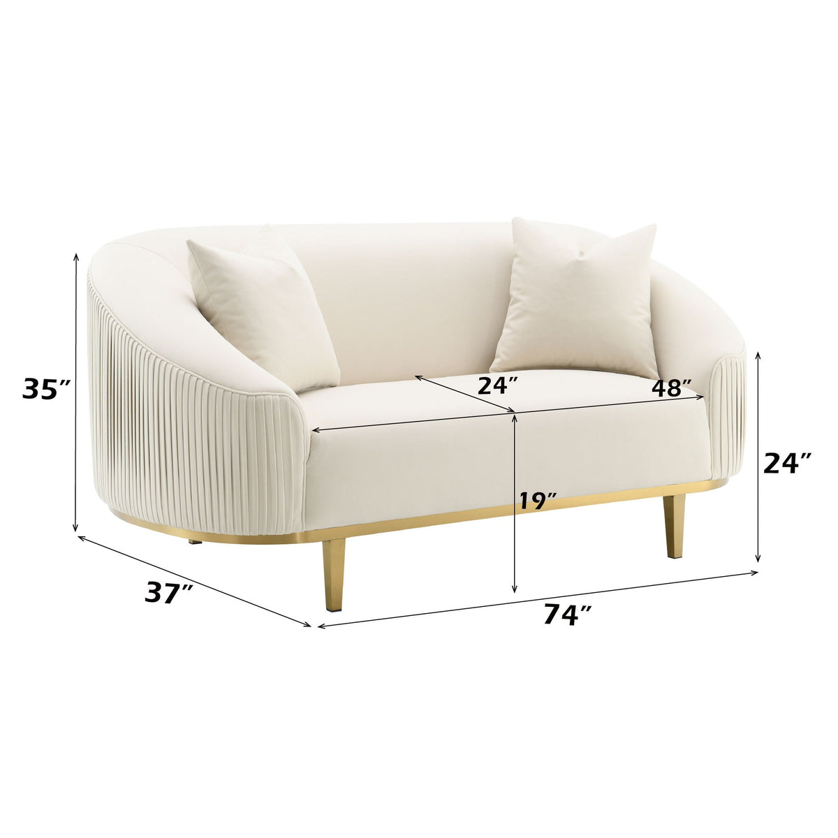 Ivory Loveseat with 2 Pillows and Metal Legs - Velvet Upholstery