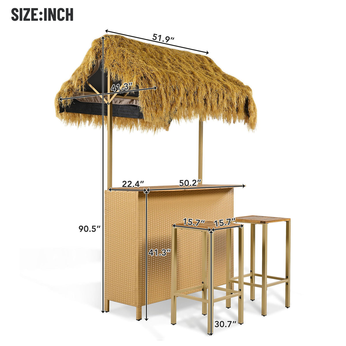 Hawaiian-Style Bar Height Patio Set with Acacia Wood Top - Natural