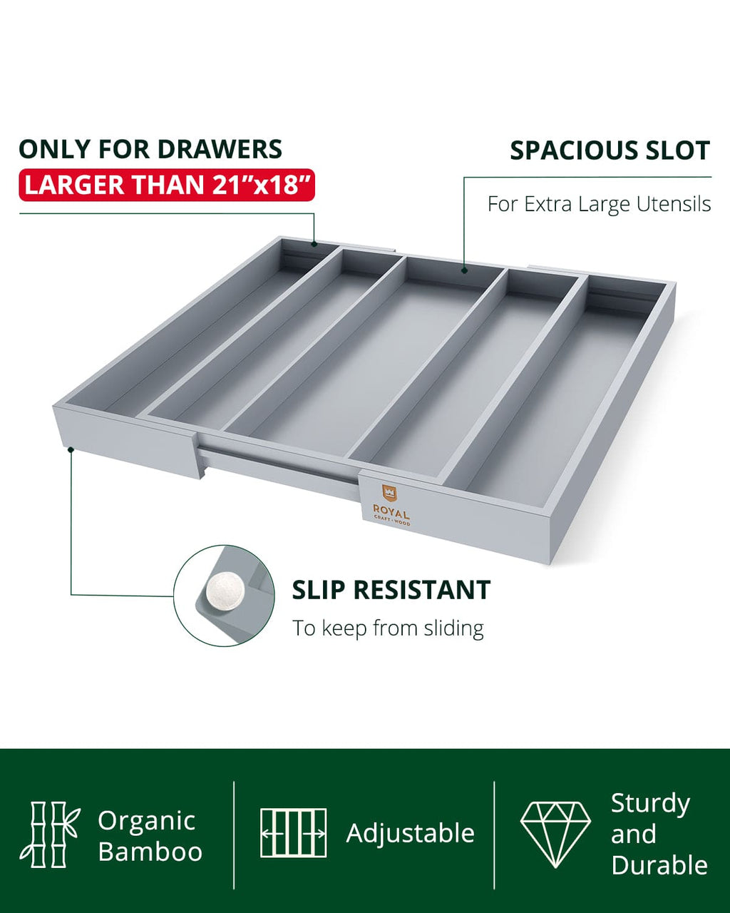 Royal Craft Wood Utensil Drawer Organizer — Gray, 5 Slots