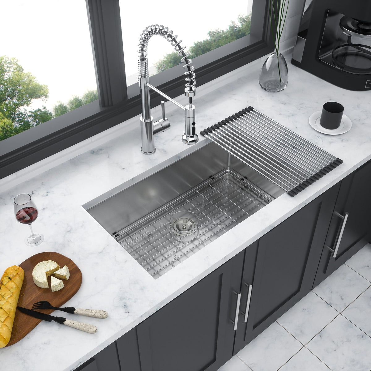 Gray Undermount Steel Kitchen Sink with Deep Single Bowl Basin