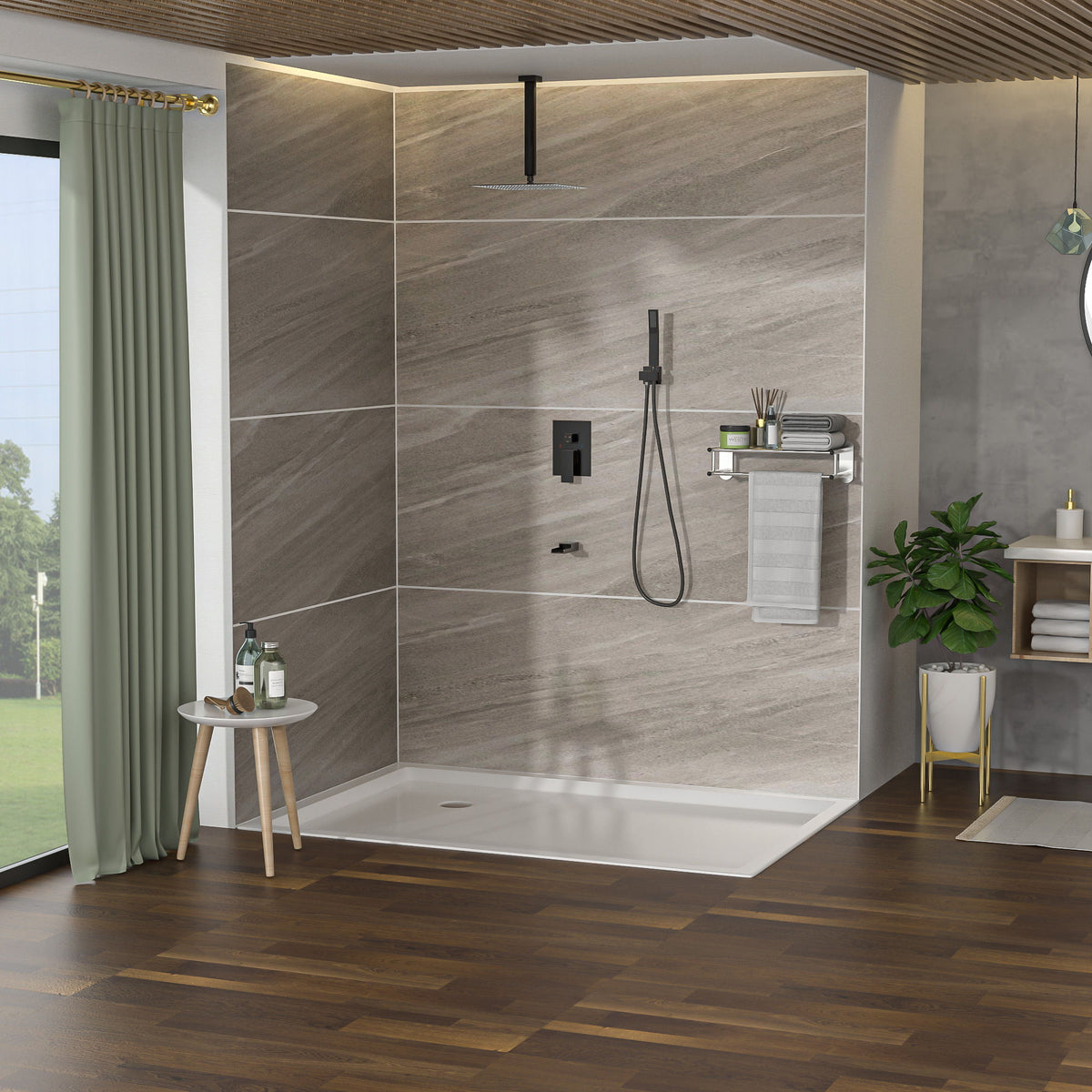 Modern Shower System with Waterfall Tub Spout - Black or Gray