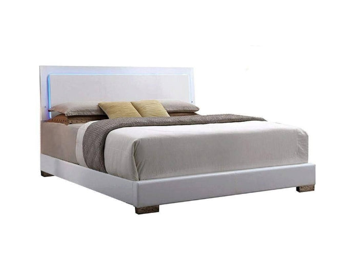 White Faux Leather Panel Bed with LED Light - White