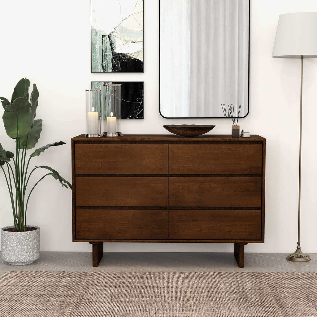 Brown Mid-Century Dresser with 6 Drawers - Solid Wood