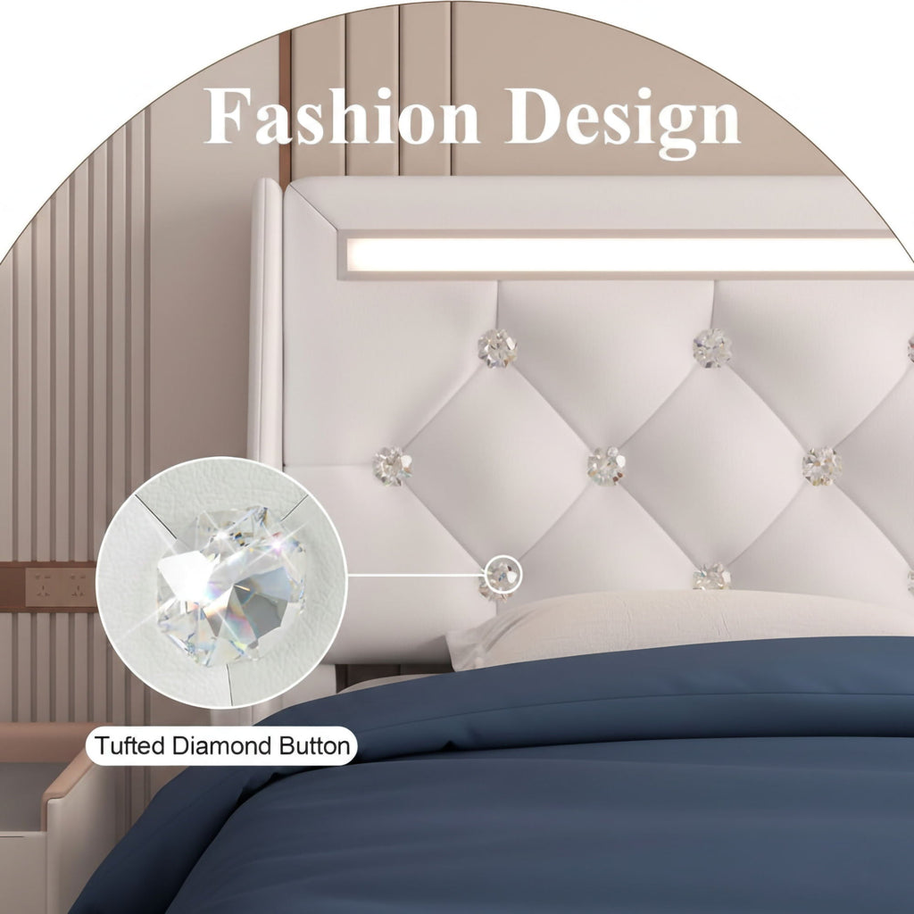 Wingback Upholstered Bed Frame with LED Lights and Charging Station - Black or White