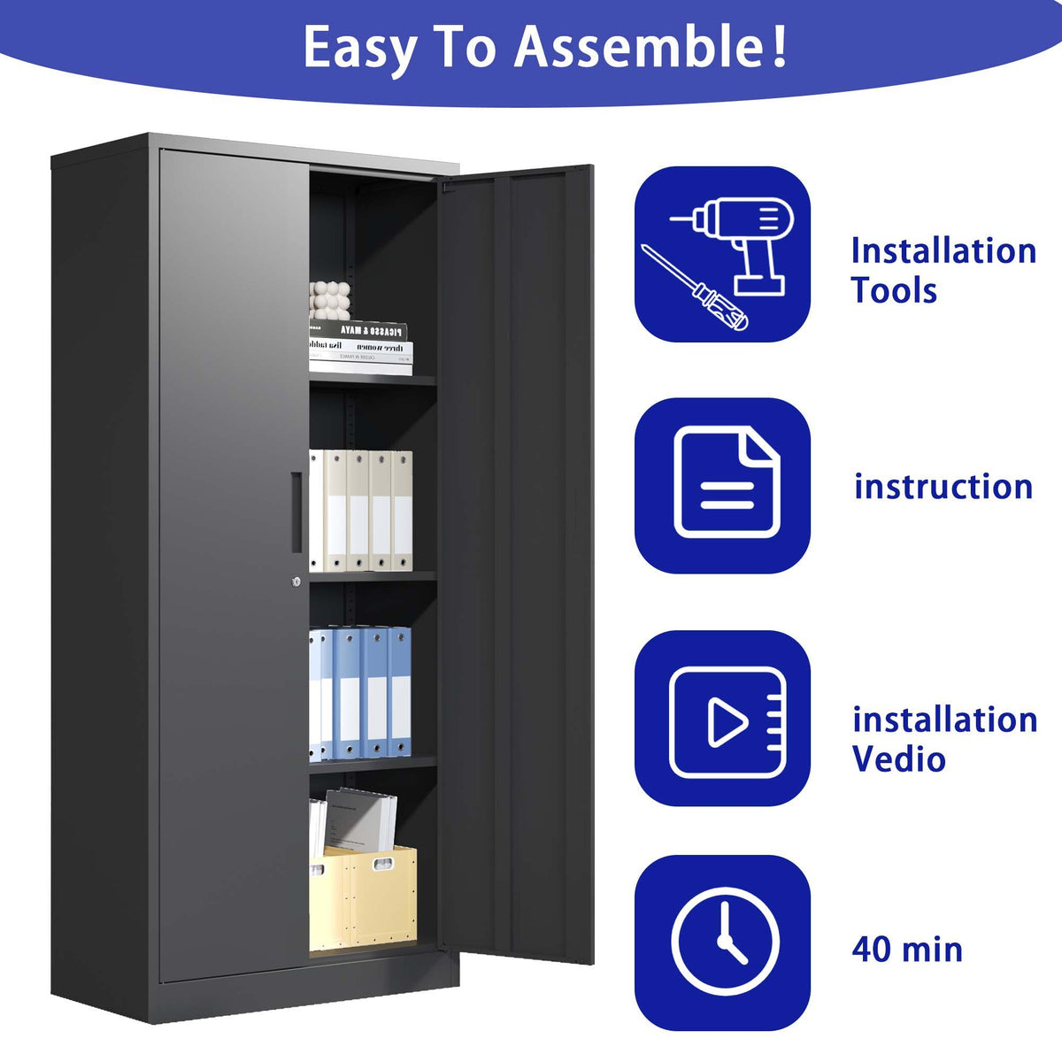 Heavy Metal Garage Storage Cabinet with Locking Doors - Black or White