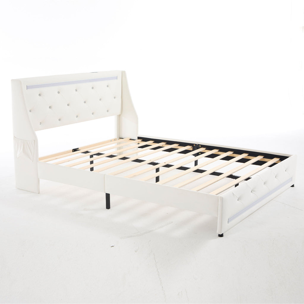 Wingback Upholstered Bed Frame with LED Lights and Charging Station - Black or White