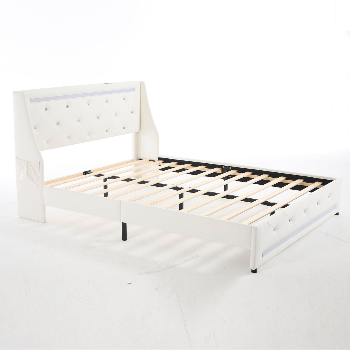 Wingback Upholstered Bed Frame with LED Lights and Charging Station - Black or White