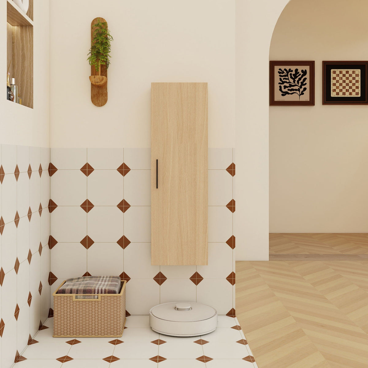 Tall Floating Bathroom Side Cabinet with Adjustable Shelving - Light Oak