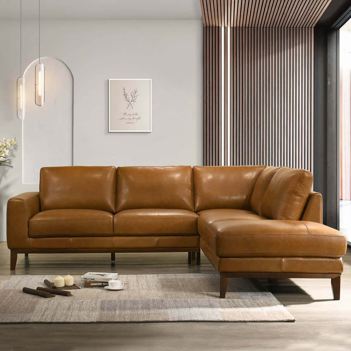 Light Brown Sectional Sofa with Top-Grain Leather - Right Arm Facing