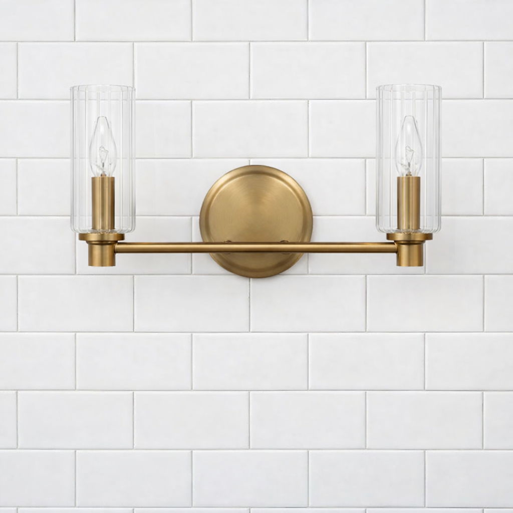 Regal Double Light Vanity With Clear Ribbed Satin - Antique Brass / Clear