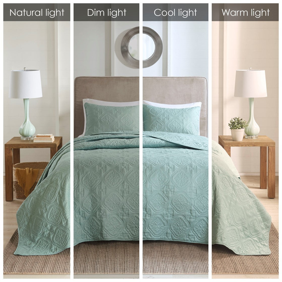 Seafoam 3 Piece Reversible Bedspread Set with Medallion Quilting - Full/Queen