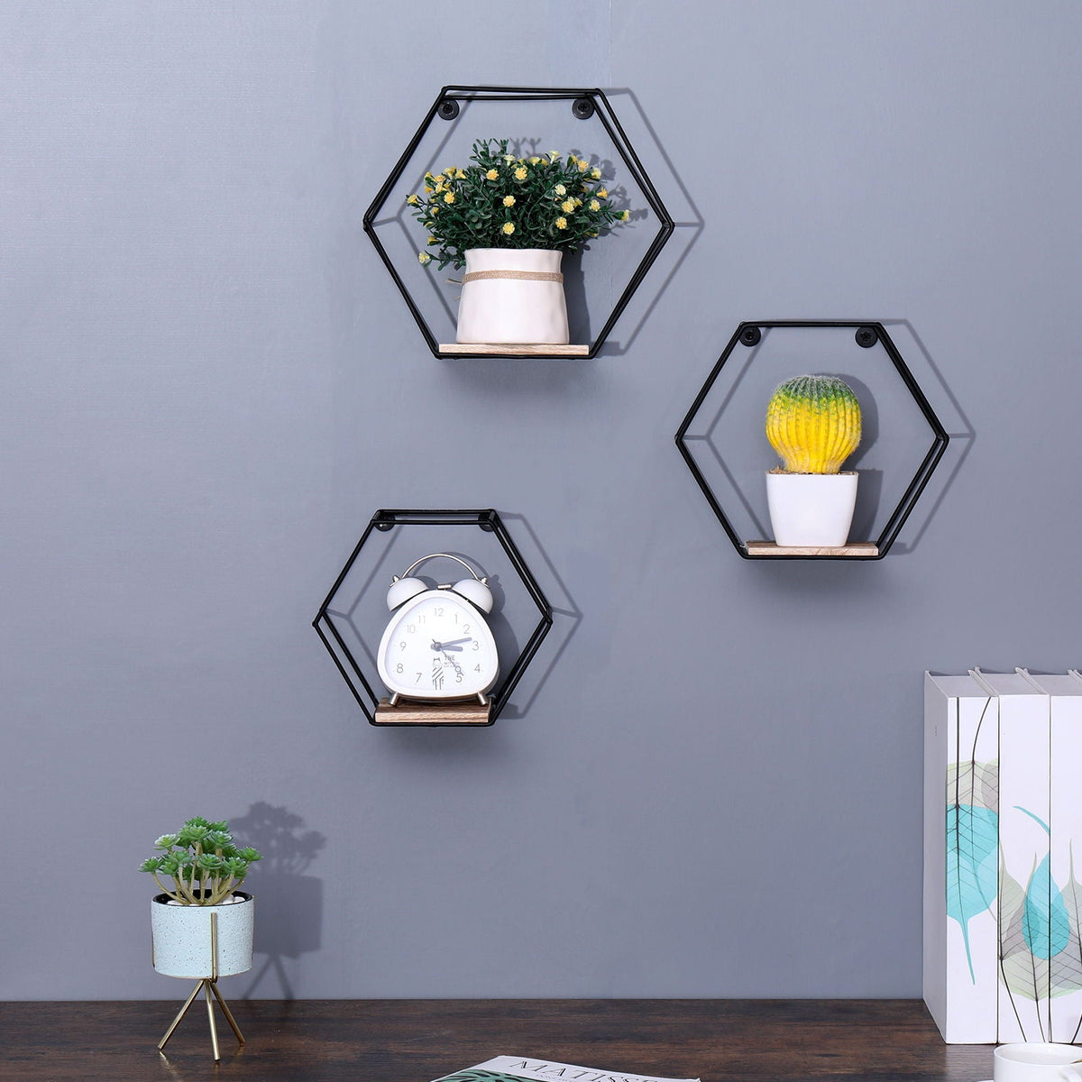 Wall Mounted Hexagonal Floating Shelves - Black (Set of 3)
