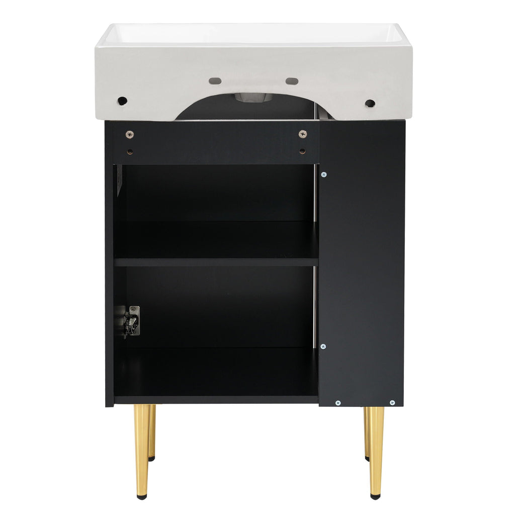 Bathroom Vanity with Single Ceramic Sink and Side Storage - Multiple Colors