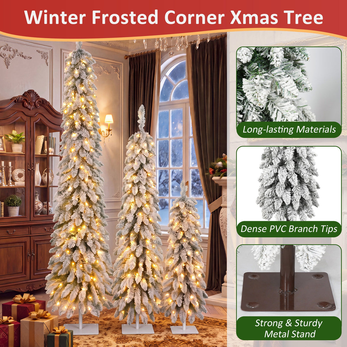 Snow Flocked Pre-Lit Pencil Christmas Tree with Warm LED Lights - White