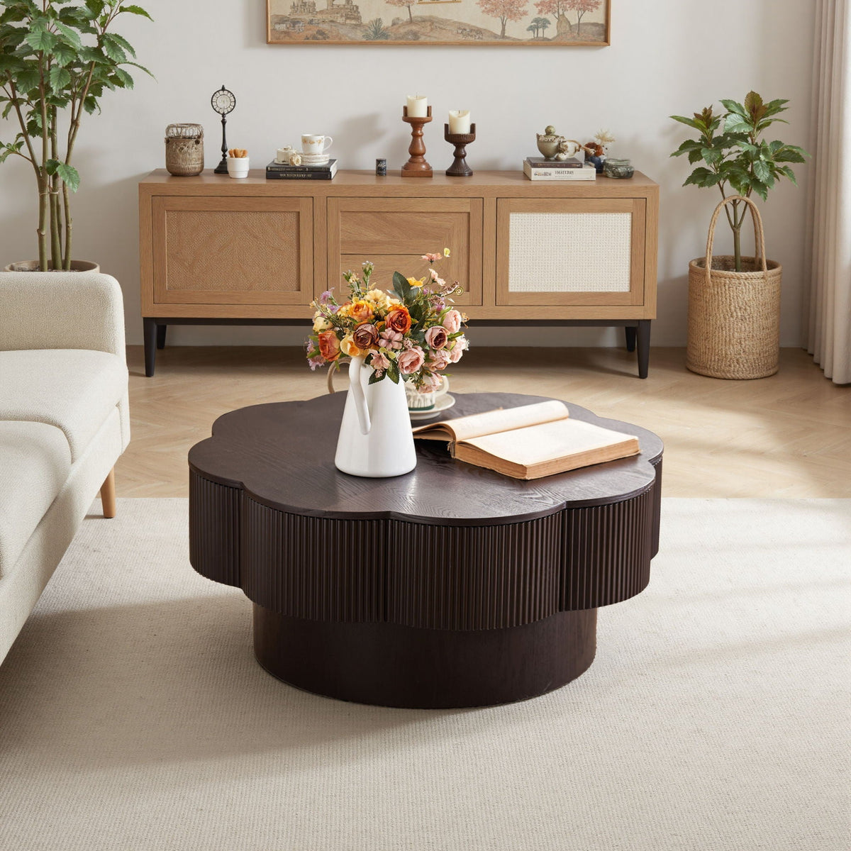 Modern Plum Blossom Shaped Coffee Table with Hidden Storage - Black or Dark Brown