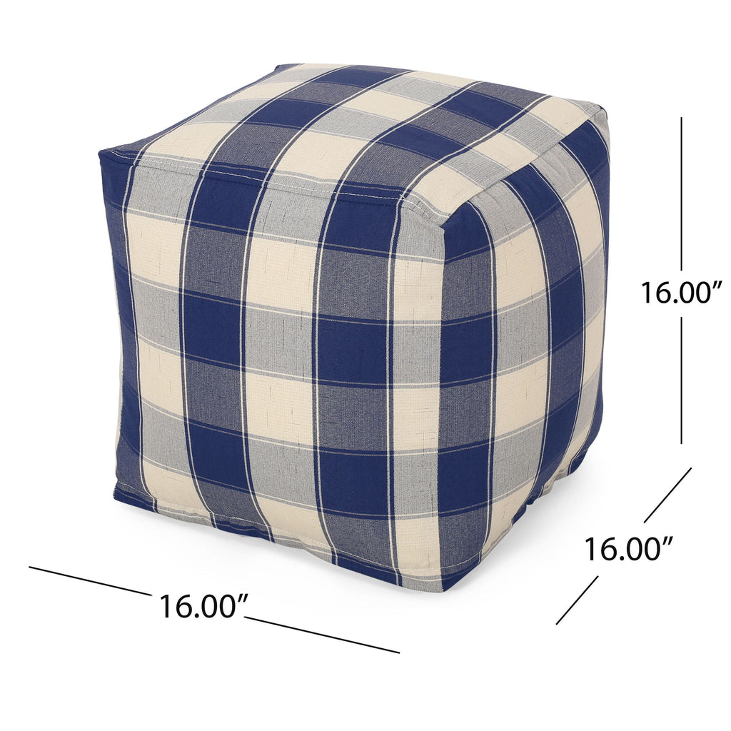 Checkered Square Pouf Ottoman and Floor Cushion with Polystyrene Bead Fill - Ivory / Navy