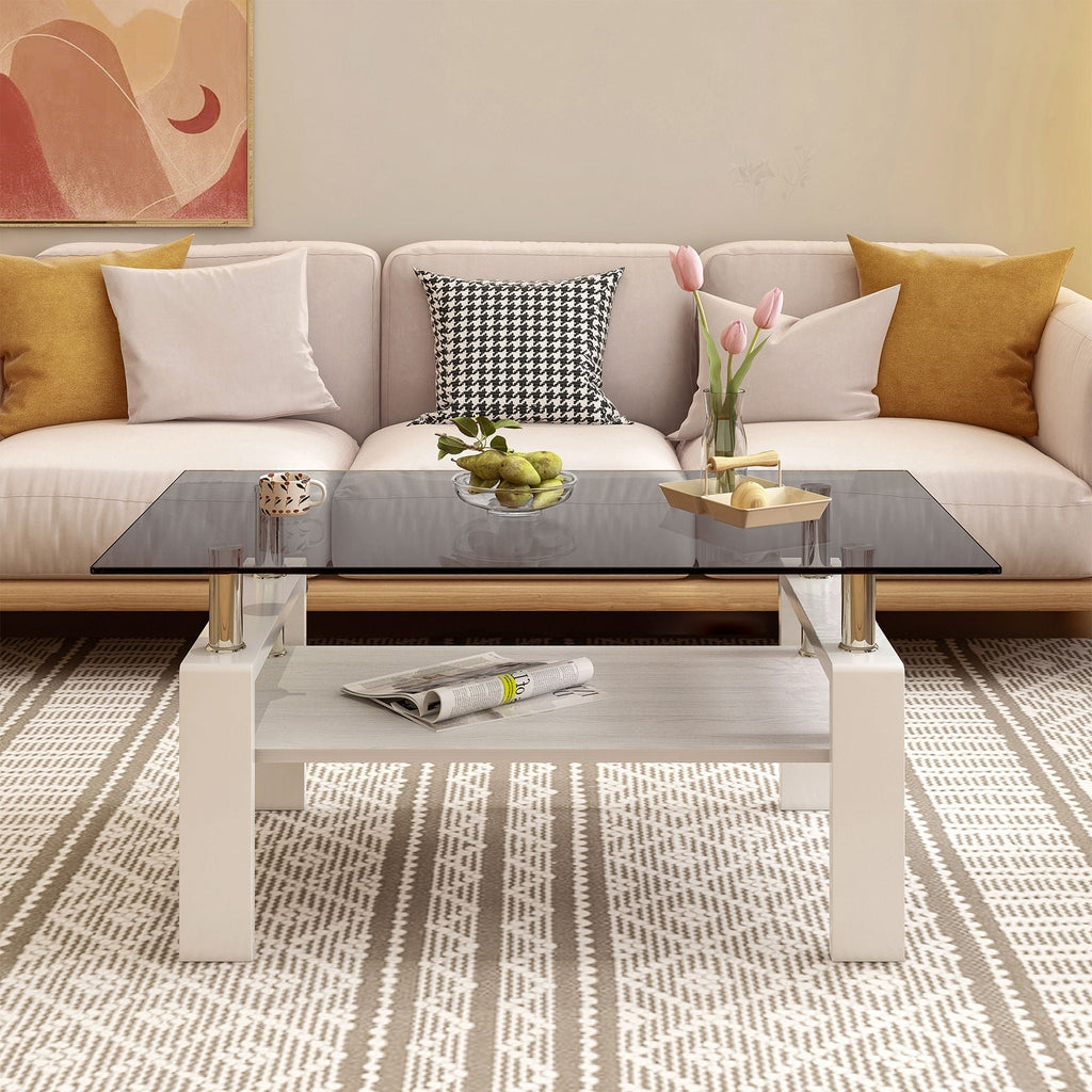 Modern Rectangular Coffee Table with Glass Top and Storage Shelf - White, Gray, Dark Gray, Dark Brown
