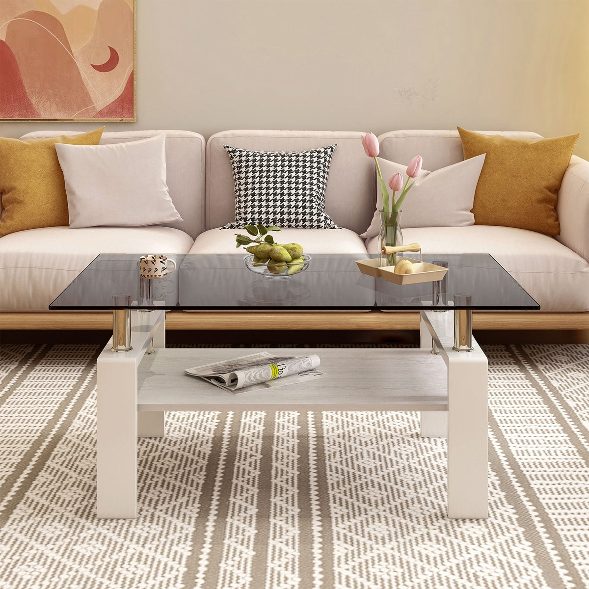Modern Rectangular Coffee Table with Glass Top and Storage Shelf - White, Gray, Dark Gray, Dark Brown