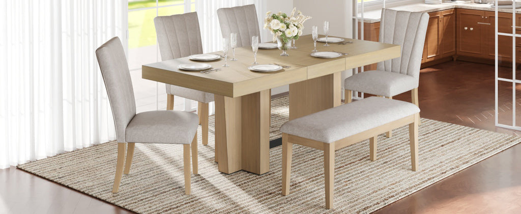 Farmhouse Extendable Wood Dining Table Set for 6 with Upholstered Seating - Natural Wood