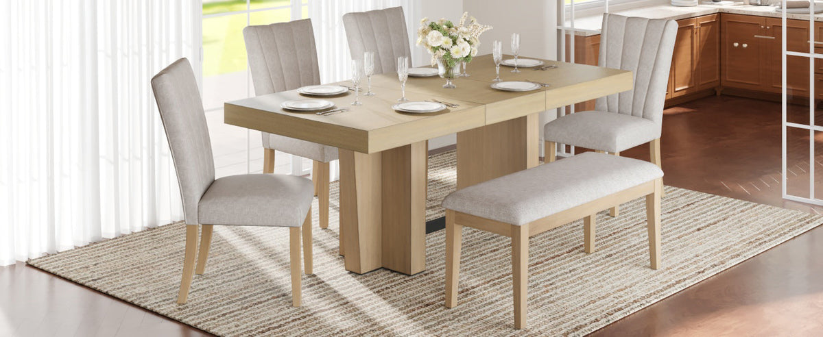 Farmhouse Extendable Wood Dining Table Set for 6 with Upholstered Seating - Natural Wood