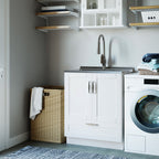 Deluxe Laundry Cabinet with Pull-Out Faucet and Stainless Steel Sink - White