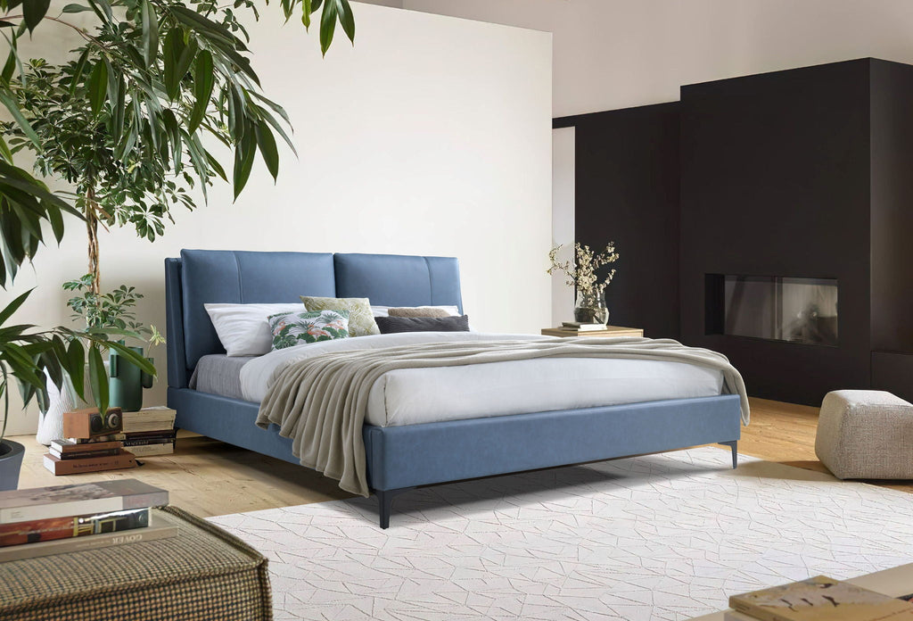 Fully Upholstered Bed with Large Pillowed Headboard - Light Blue or Light Brown