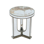Mirrored Round Coffee Table with Floral Design - Pearl Silver