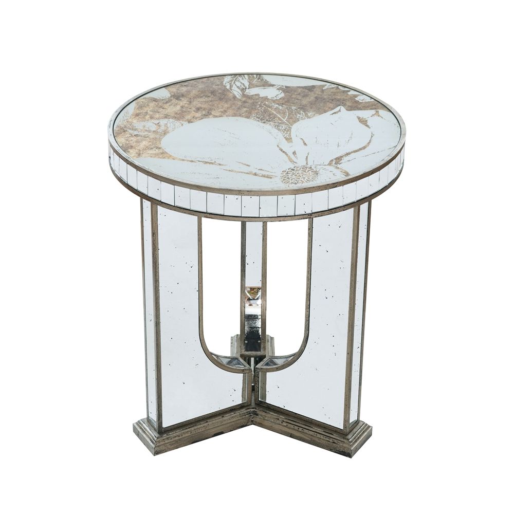 Mirrored Round Coffee Table with Floral Design - Pearl Silver