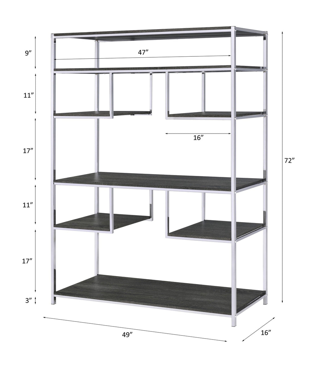 Gray Oak Bookshelf with Chrome Frame and 7 Open Shelves - Gray