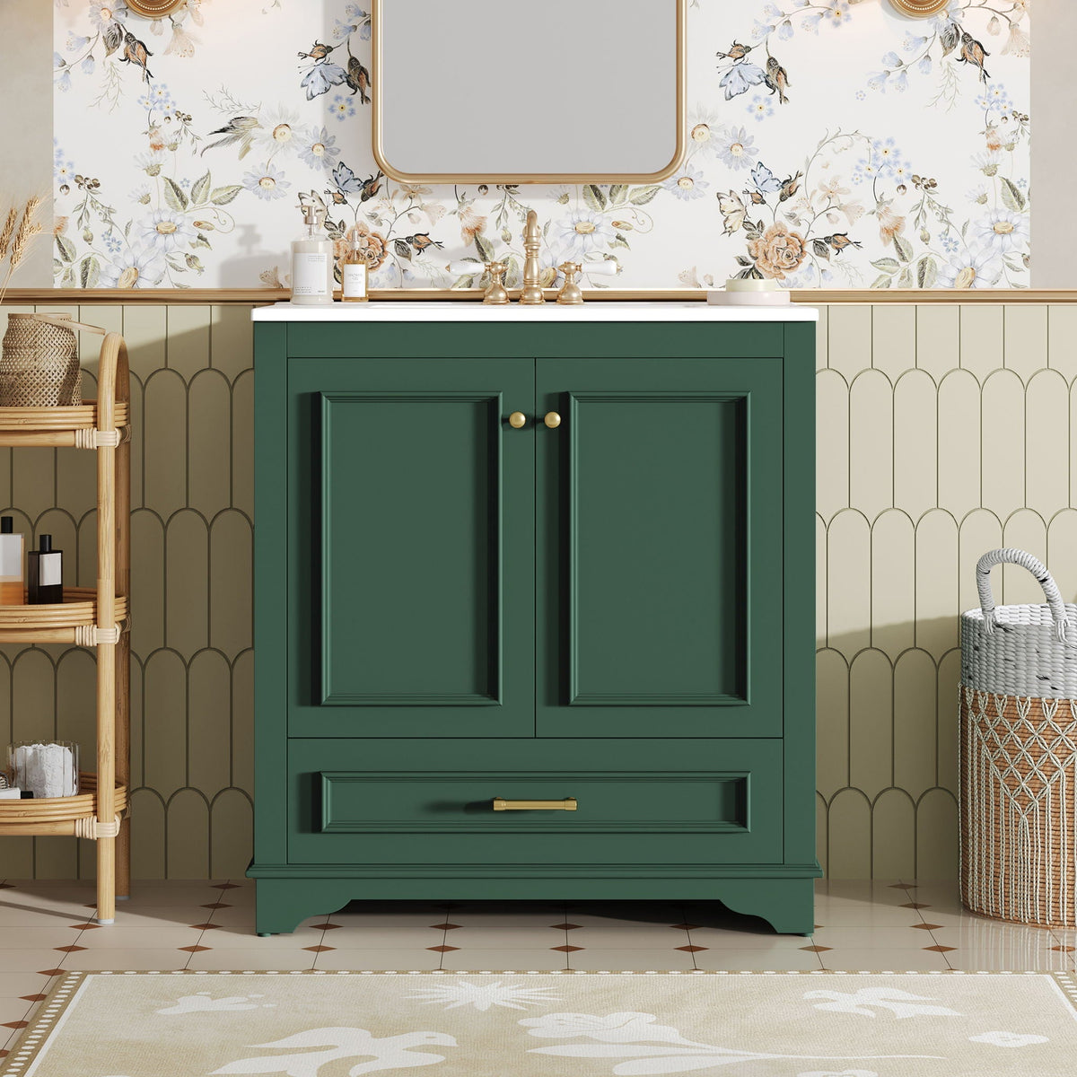 Bathroom Vanity with Sink and Adjustable Shelf - White, Green, Black