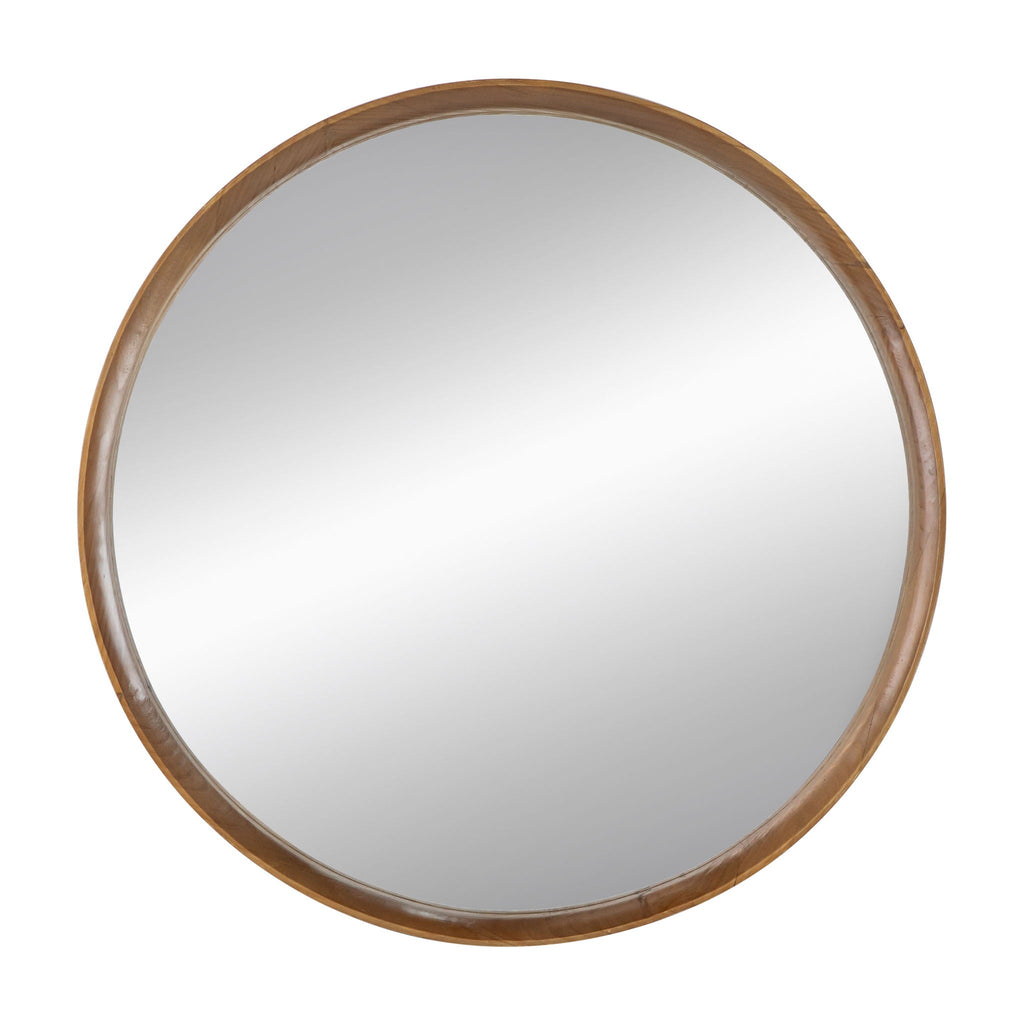 Round Wood Wall Mirror with Durable Fir Frame - Light Brown