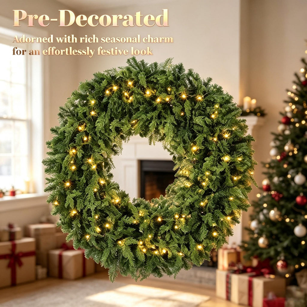 48-Inch Pre-Lit Crestwood Spruce Artificial Christmas Wreath with 8 Lighting Modes - Green