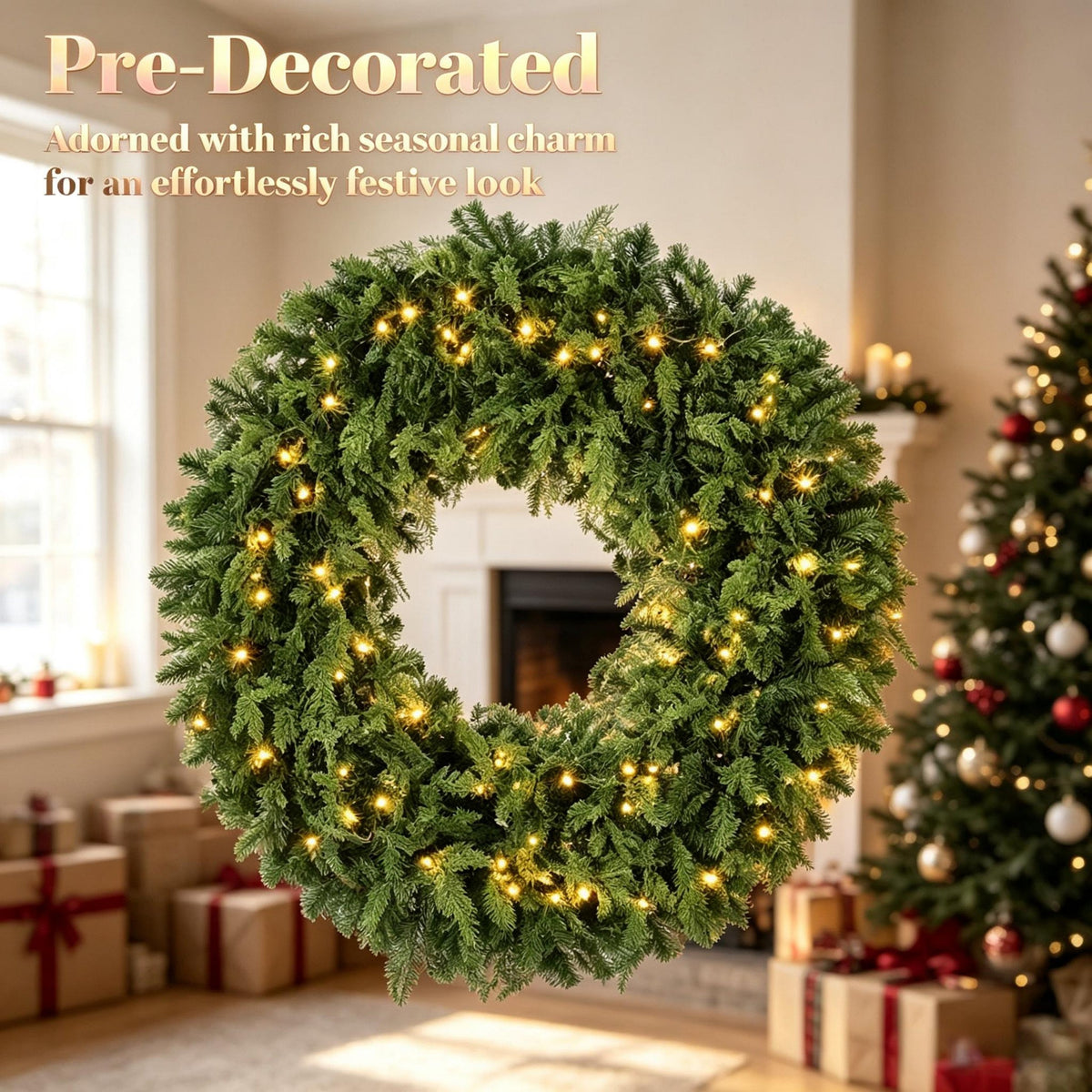 48-Inch Pre-Lit Crestwood Spruce Artificial Christmas Wreath with 8 Lighting Modes - Green