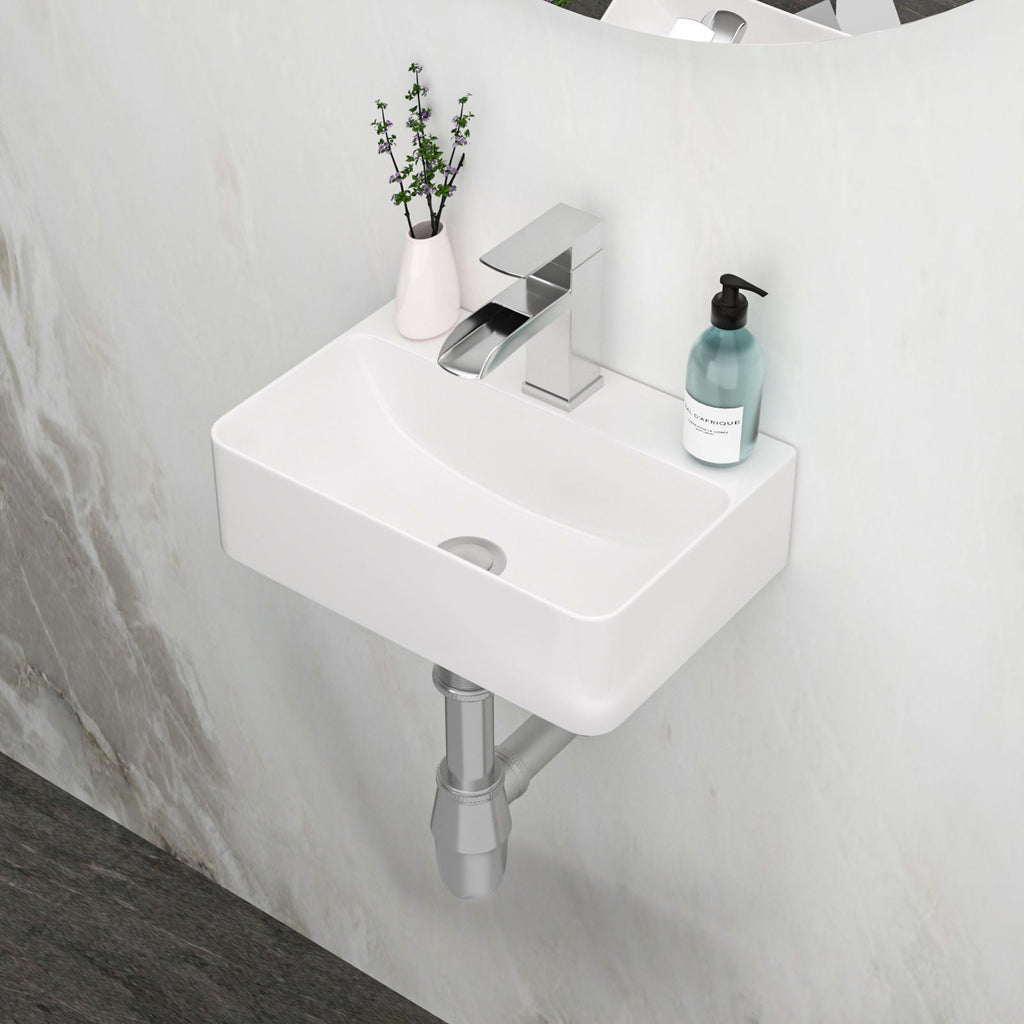 Ceramic Rectangle Wall Mount Bathroom Sink with Single Faucet Hole - White