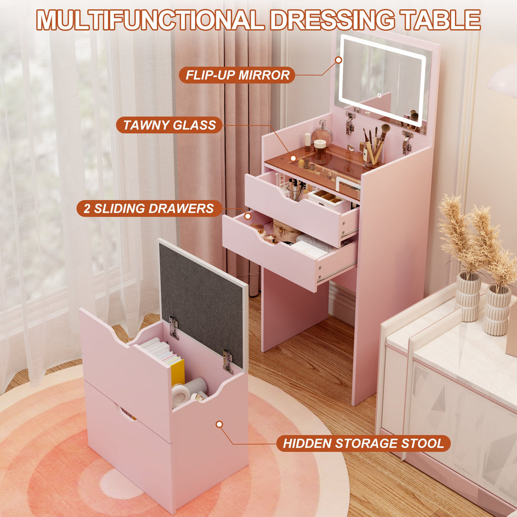 3-in-1 Multifunctional Dressing Table Set with Adjustable Lighting - Wood