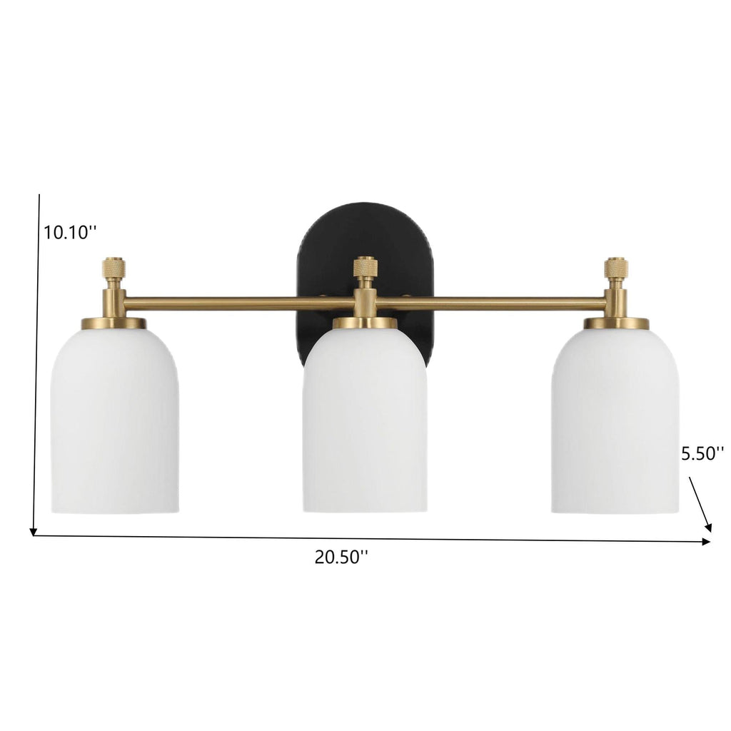 3-Light Vanity Wall Light with Frosted Glass Shades - Black / Gold / White