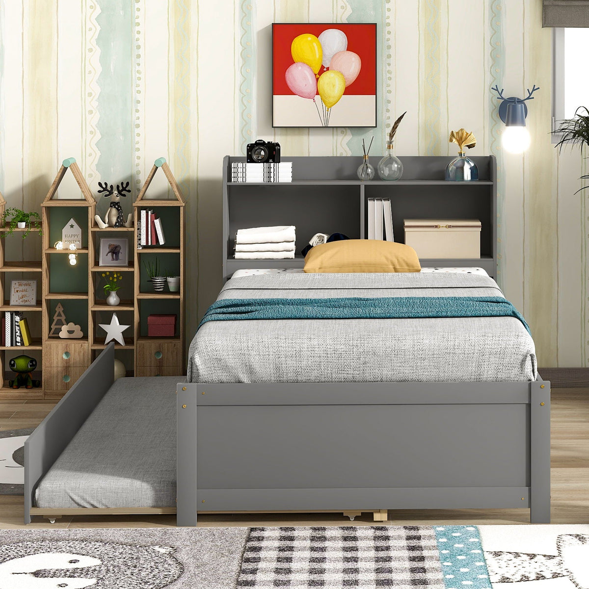 Twin Bed With Trundle and Bookcase Headboard - Wood Frame, Multiple Colors