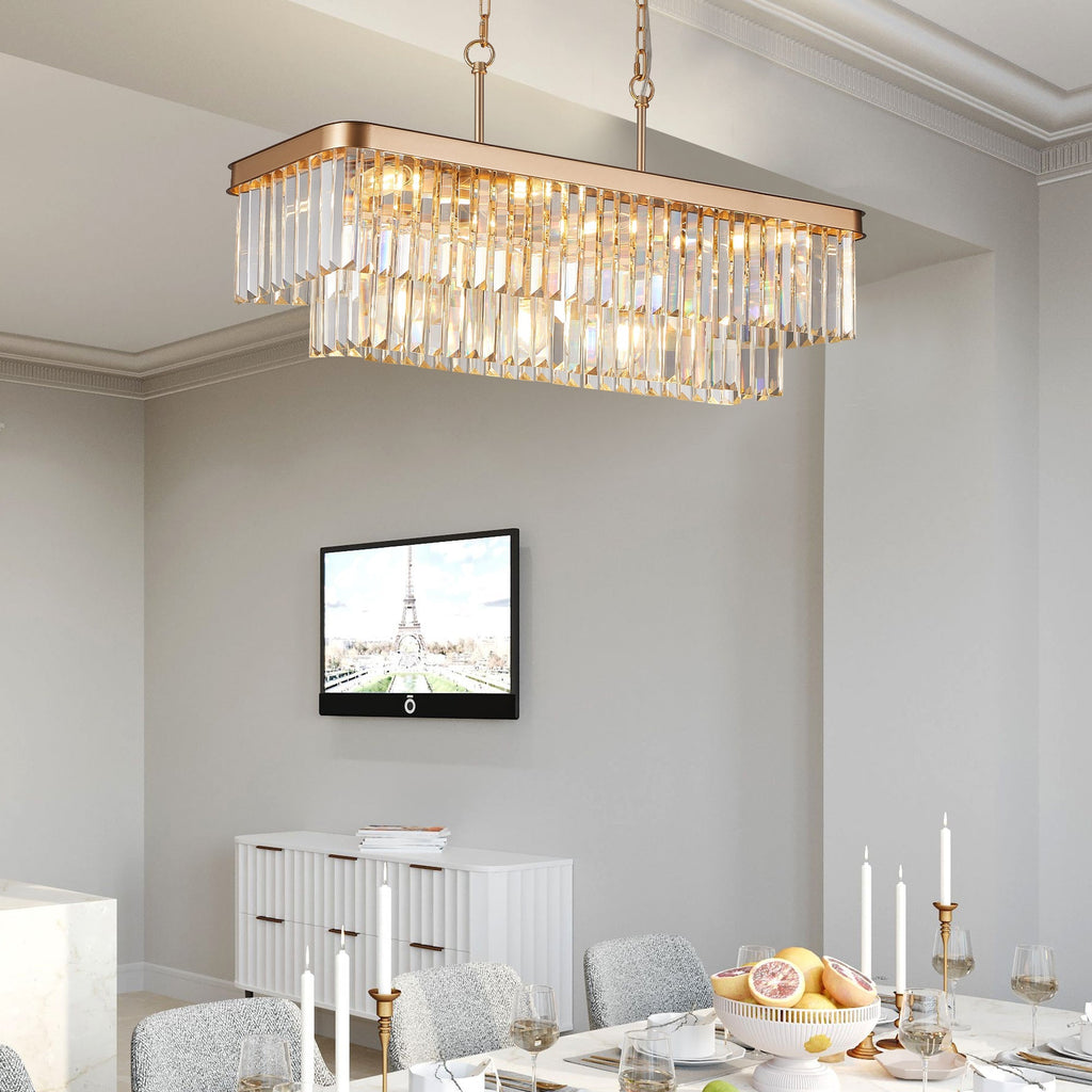 Rectangular Crystal Chandelier with Adjustable Height - Gold