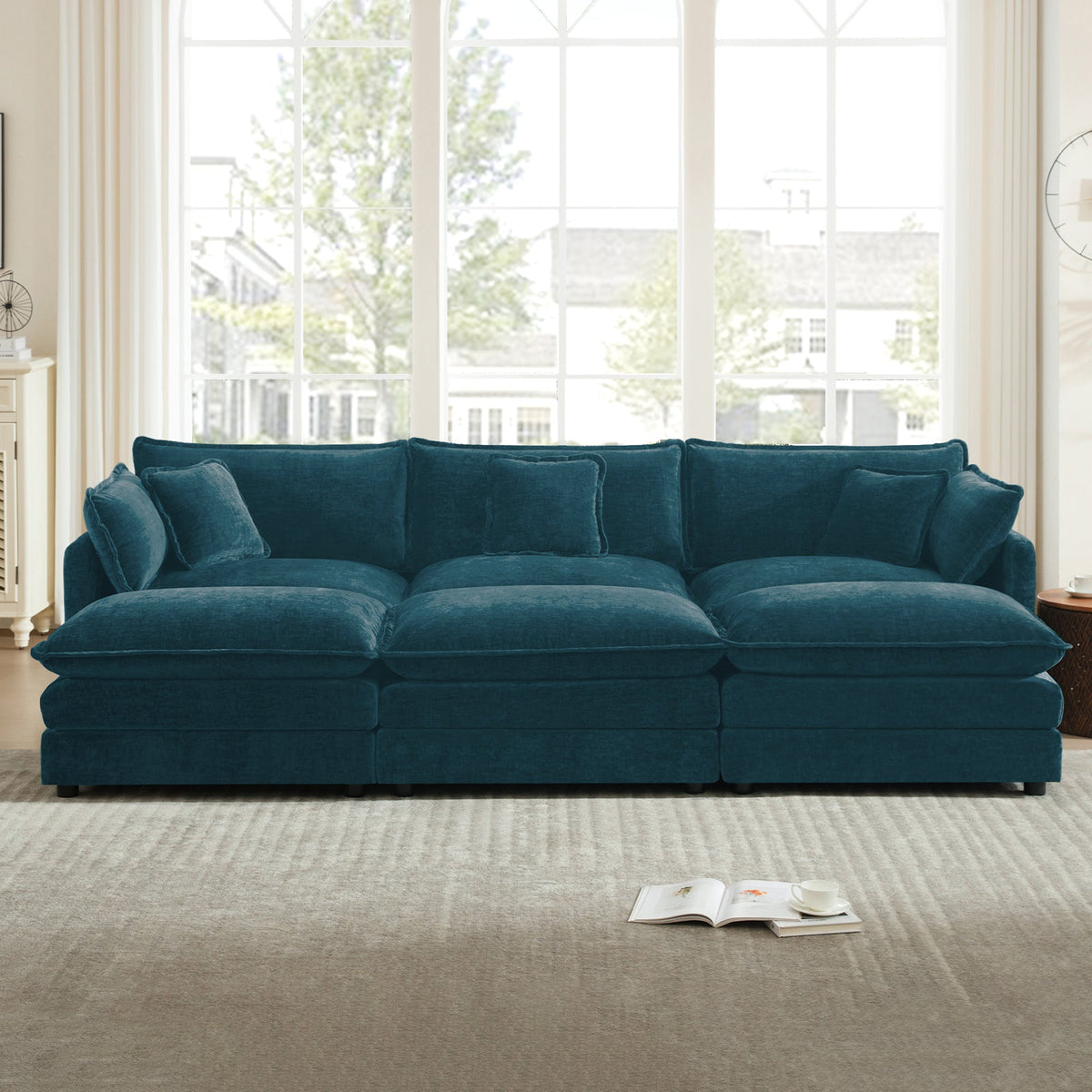 Comfortable Deep Seat Modular 3 Seater Sectional Sofa with Ottomans - Chenille