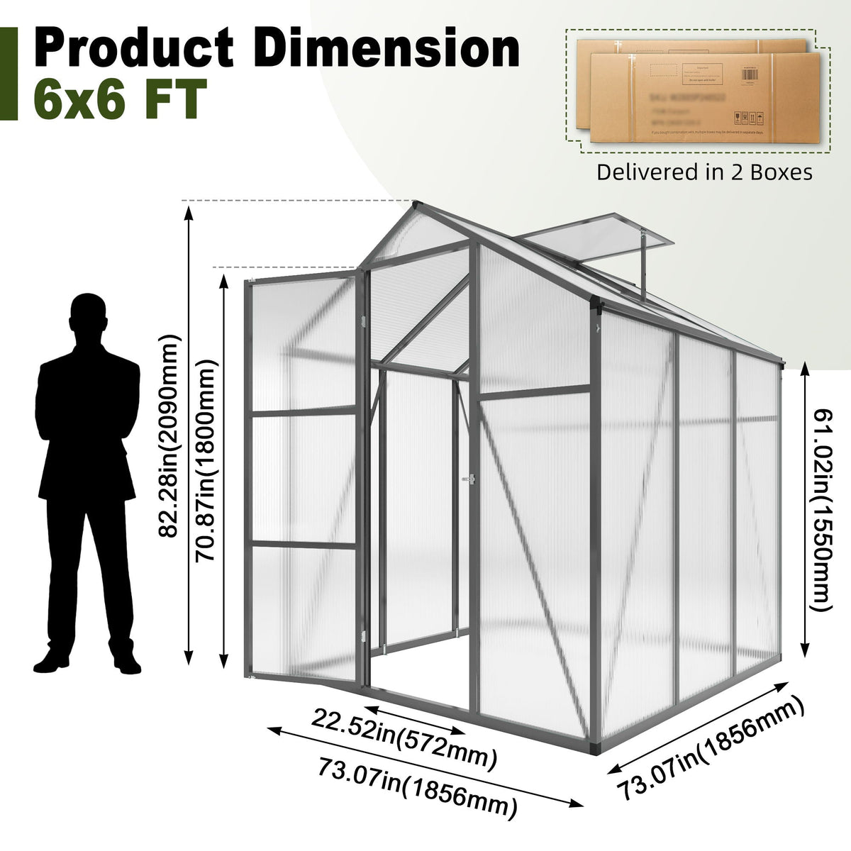 Windproof Greenhouse with Raised Base - Polycarbonate Panels - Black