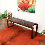 Cognac Brown Upholstered Bench with Genuine Leather Seat - Mid-Century Modern