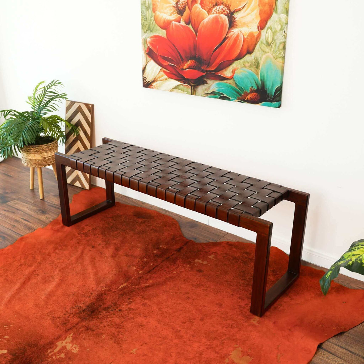Cognac Brown Upholstered Bench with Genuine Leather Seat - Mid-Century Modern