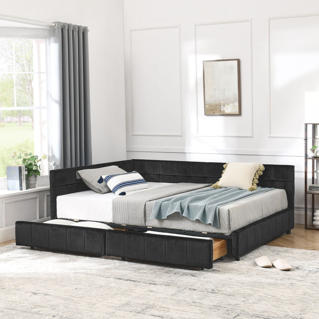Mid-Century Storage Upholstered Tufted Bed Frame with Backrest and Armrests - Multiple Colors