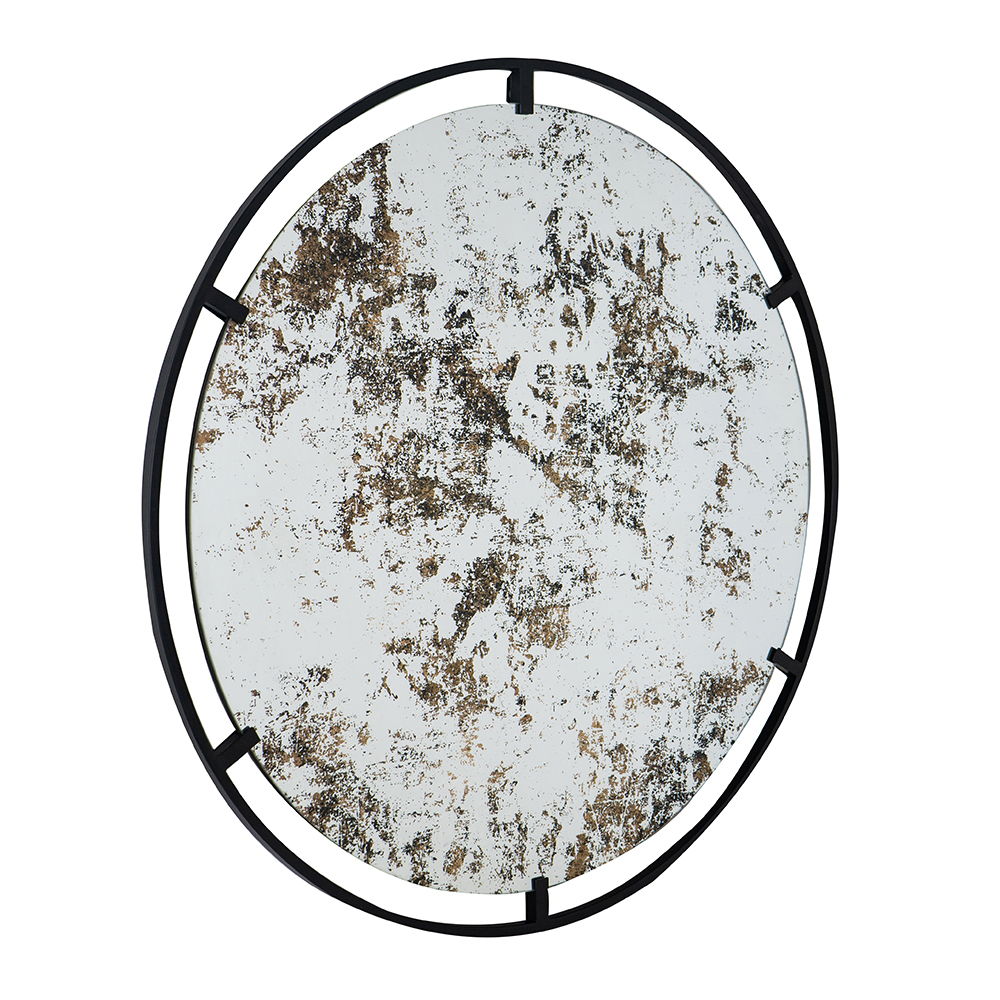 Round Industrial Wall Mirror with Metal Frame - Black