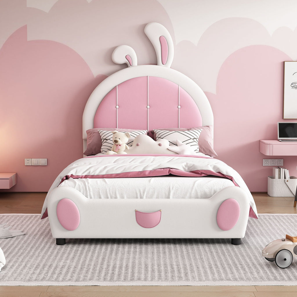 Upholstered Platform Bed with Rabbit Shaped Headboard - Twin, White