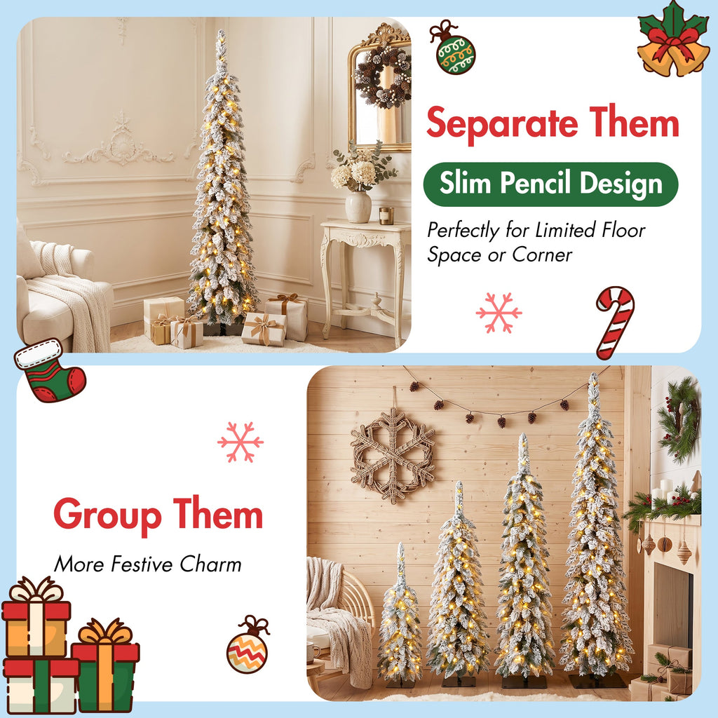 Pre-Flocked Pencil Christmas Trees 4 Pack with Easy Setup - White Flocked
