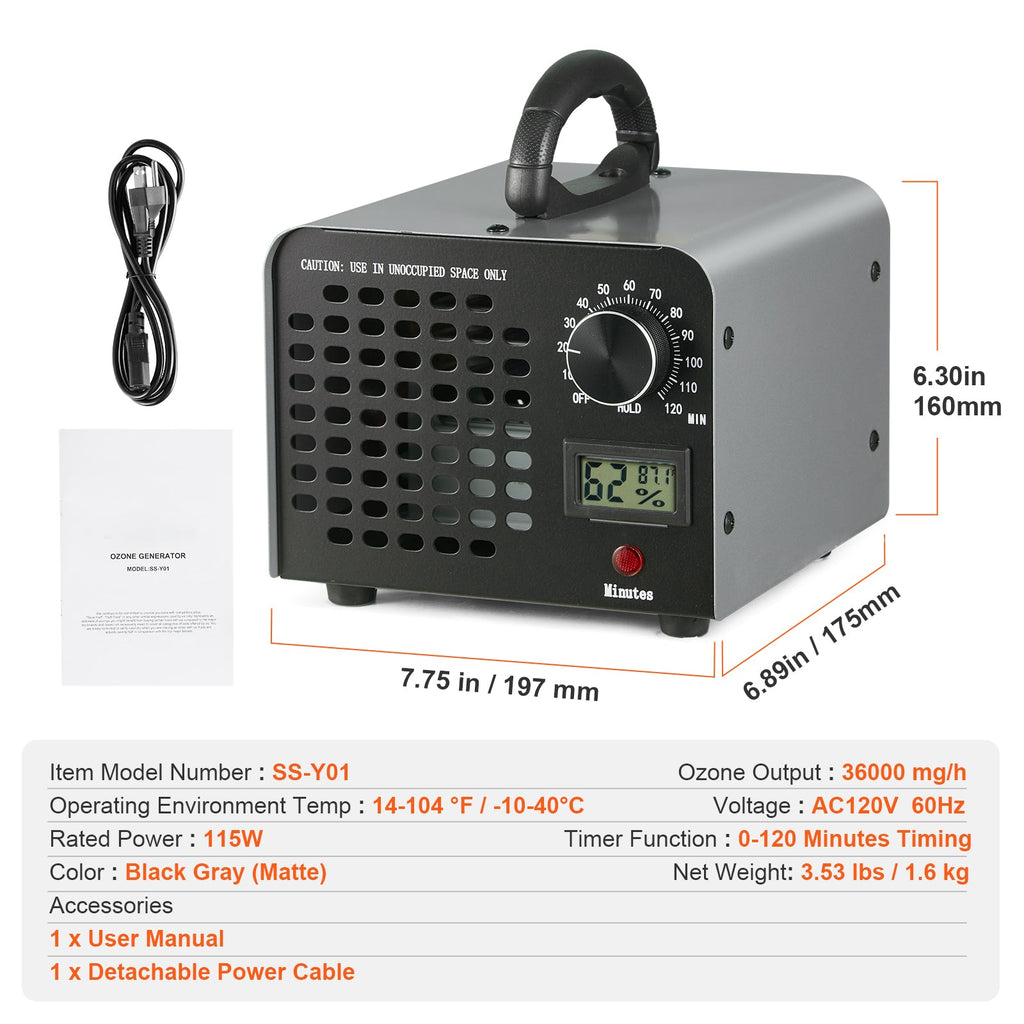 High Capacity Ozone Generator with Timer - 36,000mg/h
