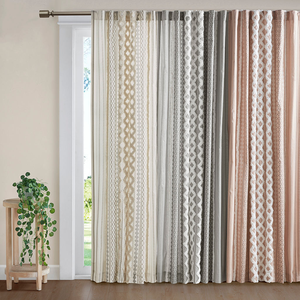 Cotton Printed Curtain Panel with Chenille Stripe - Ivory