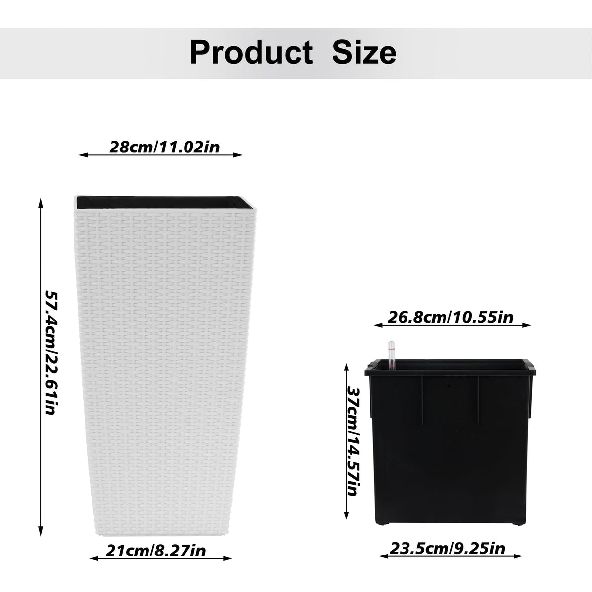 22.6-Inch Modern Faux Rattan Square Planter with Automatic Watering System - White